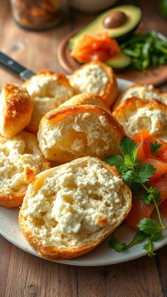 Fluffy cloud bread pieces on a plate with avocado and herbs, set in a rustic kitchen.